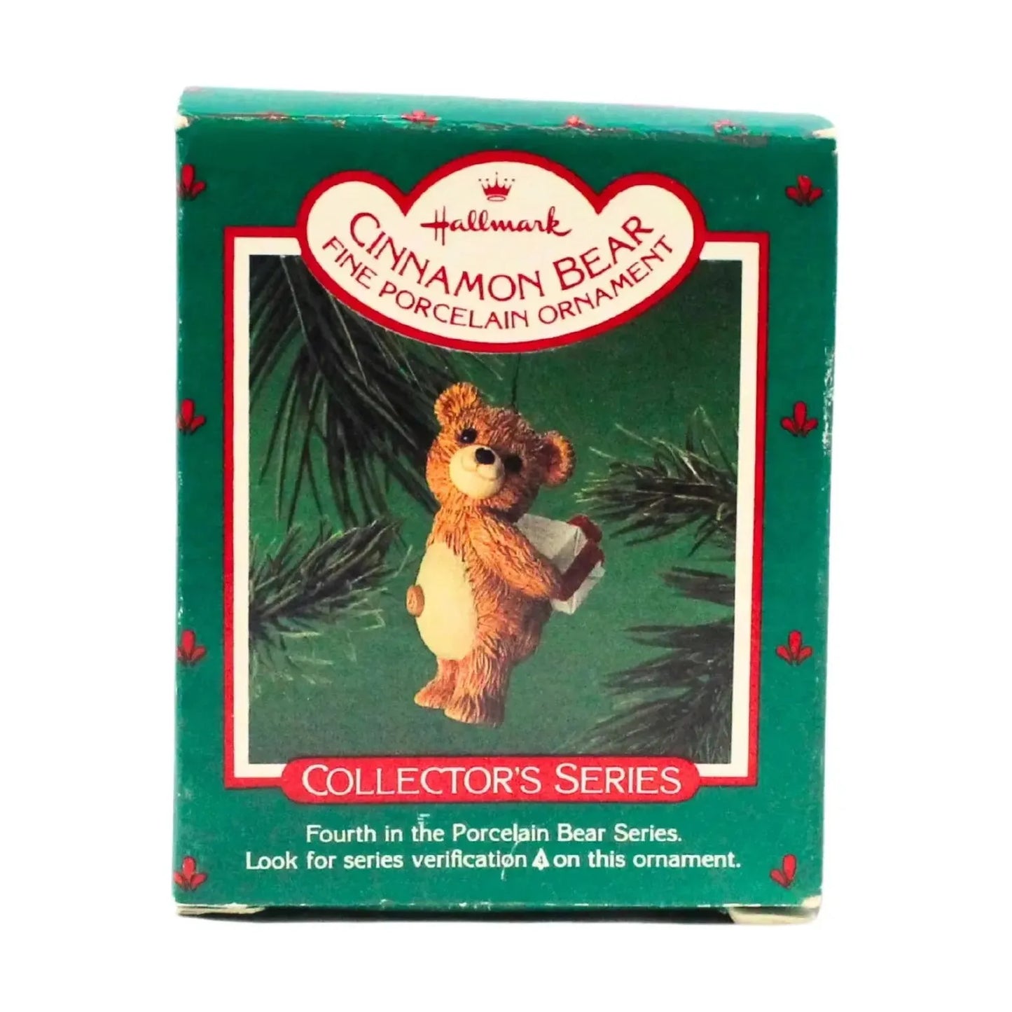 1986 Cinnamon Bear with Gift Hallmark Ornament (Porcelain Bear) QX4056