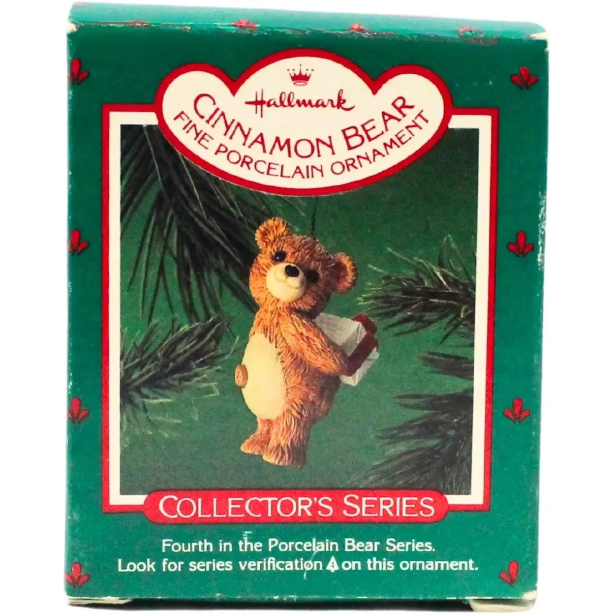 1986 Cinnamon Bear with Gift Hallmark Ornament (Porcelain Bear) QX4056