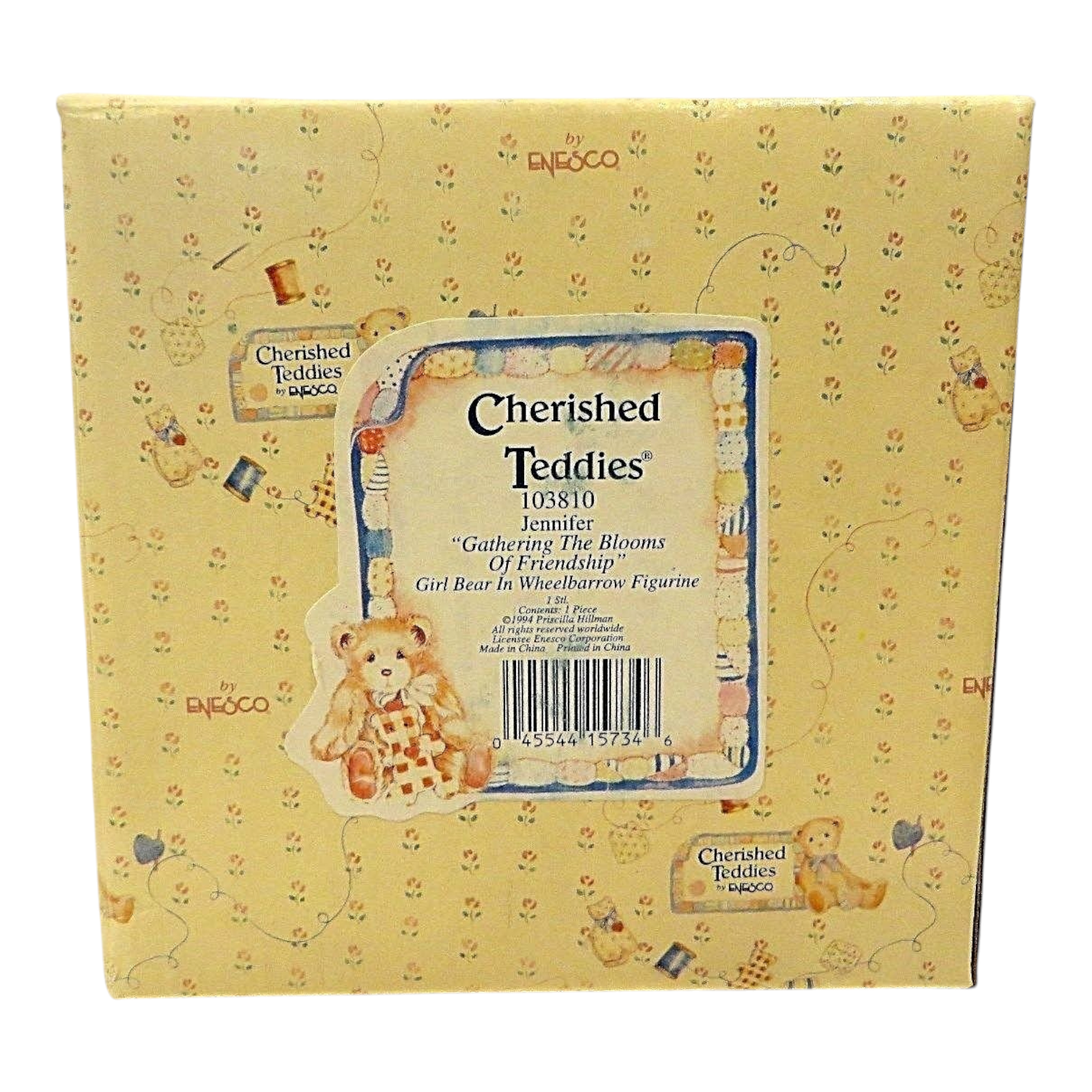 1994 Cherished Teddies Jennifer "Gathering The Blooms of Friendship Girl Bear In Wheelbarrow Figurine" Enesco Ornament (March of the Teddy Bears) 103810