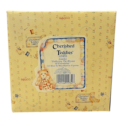 1994 Cherished Teddies Jennifer "Gathering The Blooms of Friendship Girl Bear In Wheelbarrow Figurine" Enesco Ornament (March of the Teddy Bears) 103810