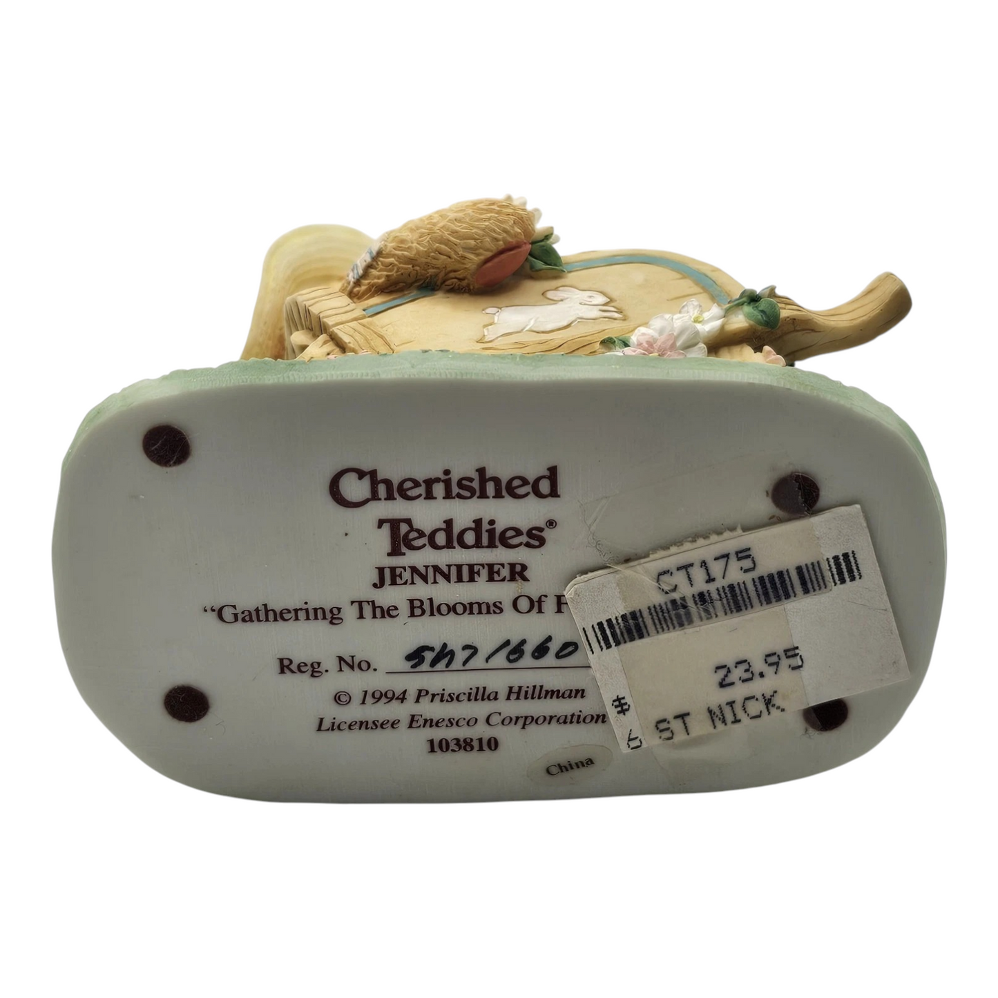 1994 Cherished Teddies Jennifer "Gathering The Blooms of Friendship Girl Bear In Wheelbarrow Figurine" Enesco Ornament (March of the Teddy Bears) 103810