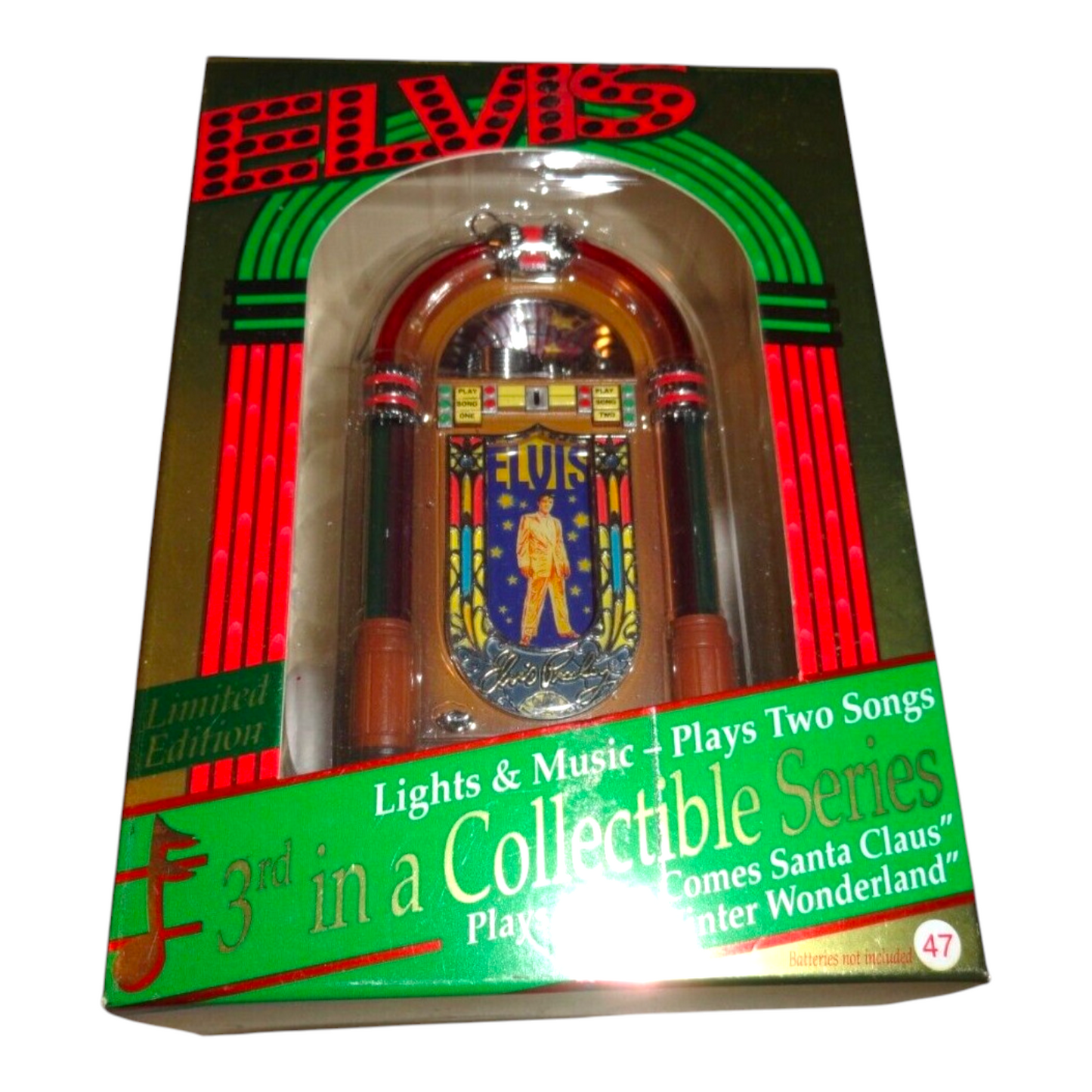 1997 Elvis Lights and Music Play Two Songs 3rd in a Collectible Series "Here Comes Santa Claus" & "Winter Wonderland" Carlton Cards Ornaments (Elvis Presley) CXOR-093W