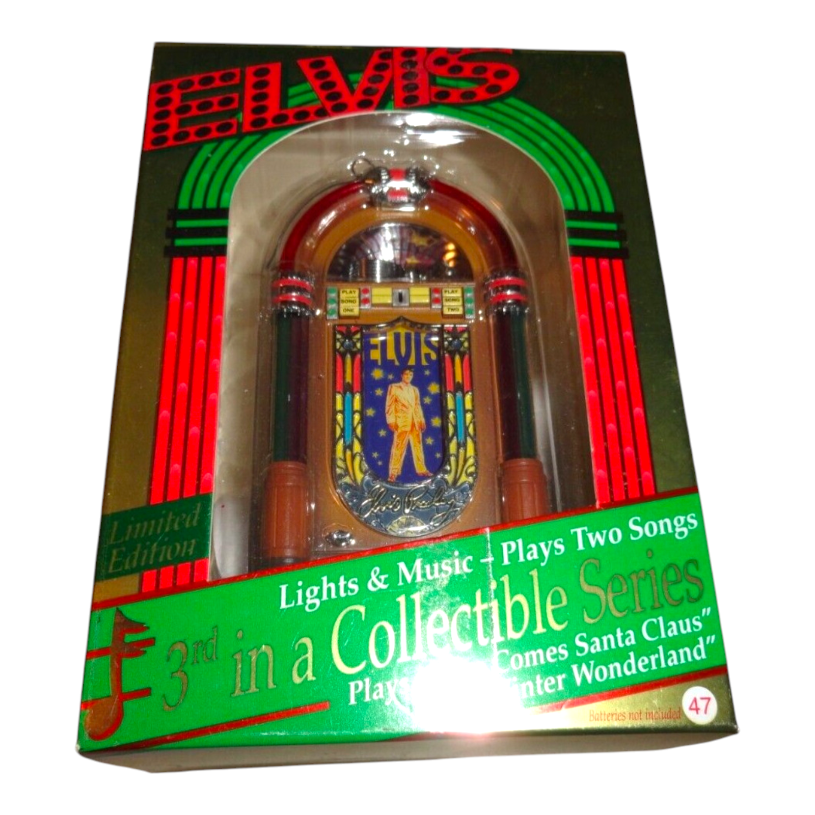 1997 Elvis Lights and Music Play Two Songs 3rd in a Collectible Series "Here Comes Santa Claus" & "Winter Wonderland" Carlton Cards Ornaments (Elvis Presley) CXOR-093W