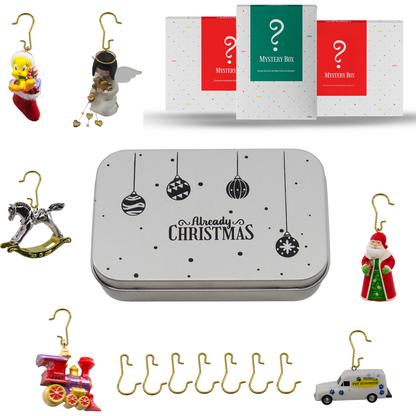 100 Gold Brass Miniature Ornament Hooks with Tin Storage Box & Bonus Ornament