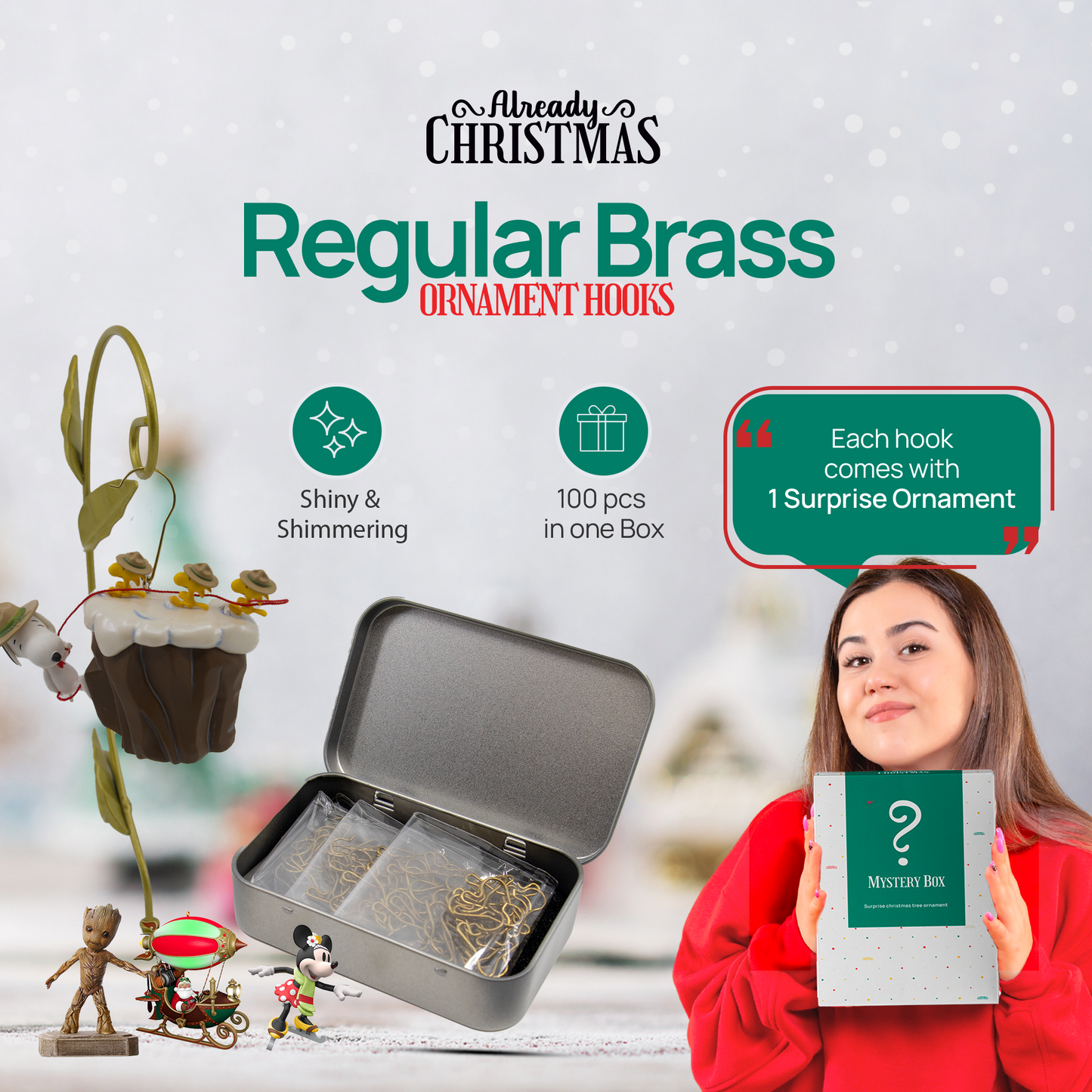 100 Gold Brass Ornament Hooks with Tin Storage Box & Bonus Ornament