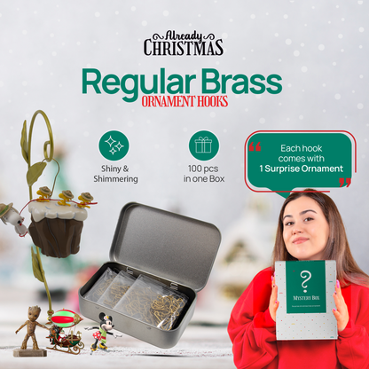 100 Gold Brass Ornament Hooks with Tin Storage Box & Bonus Ornament
