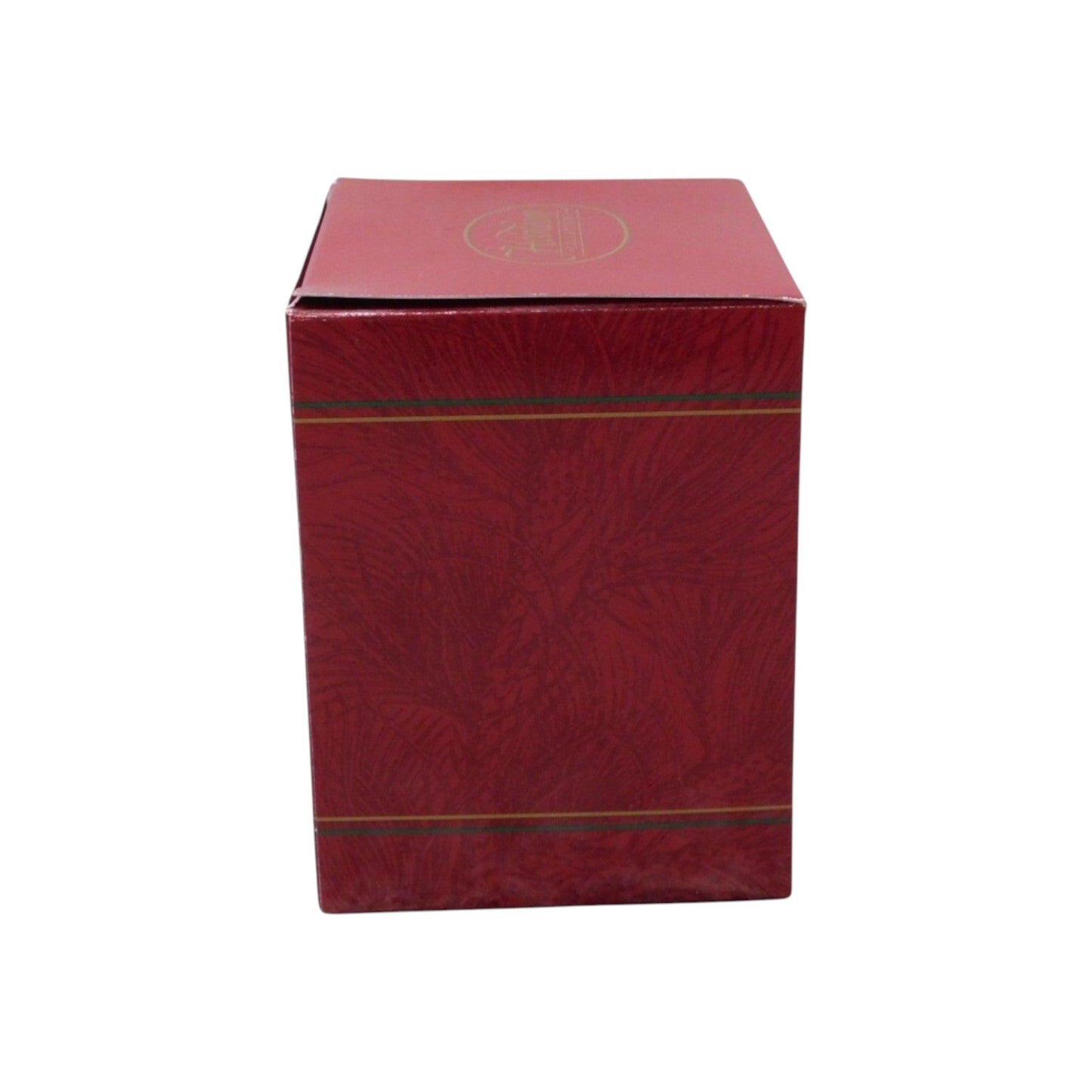Red rectangular box with gold accents on a white background