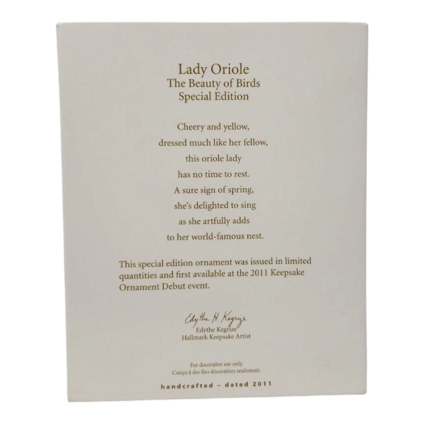 2011 Lady Oriole Hallmark Ornament (Beauty of Birds) QXE3107
