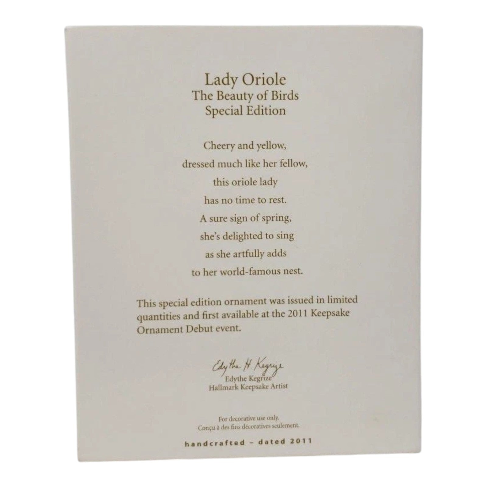 2011 Lady Oriole Hallmark Ornament (Beauty of Birds) QXE3107
