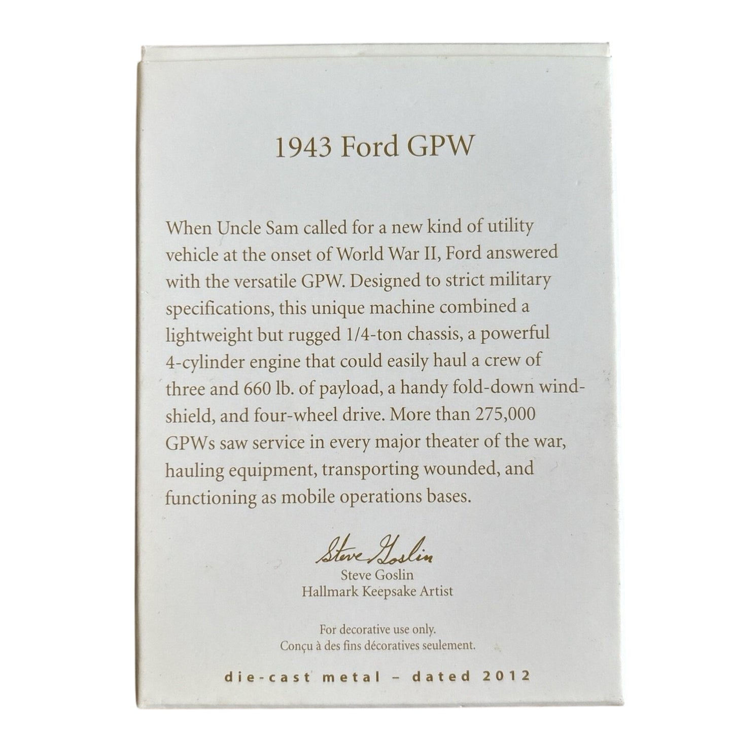 2012 1943 Ford GPW Hallmark Ornament (Military) QXI2074