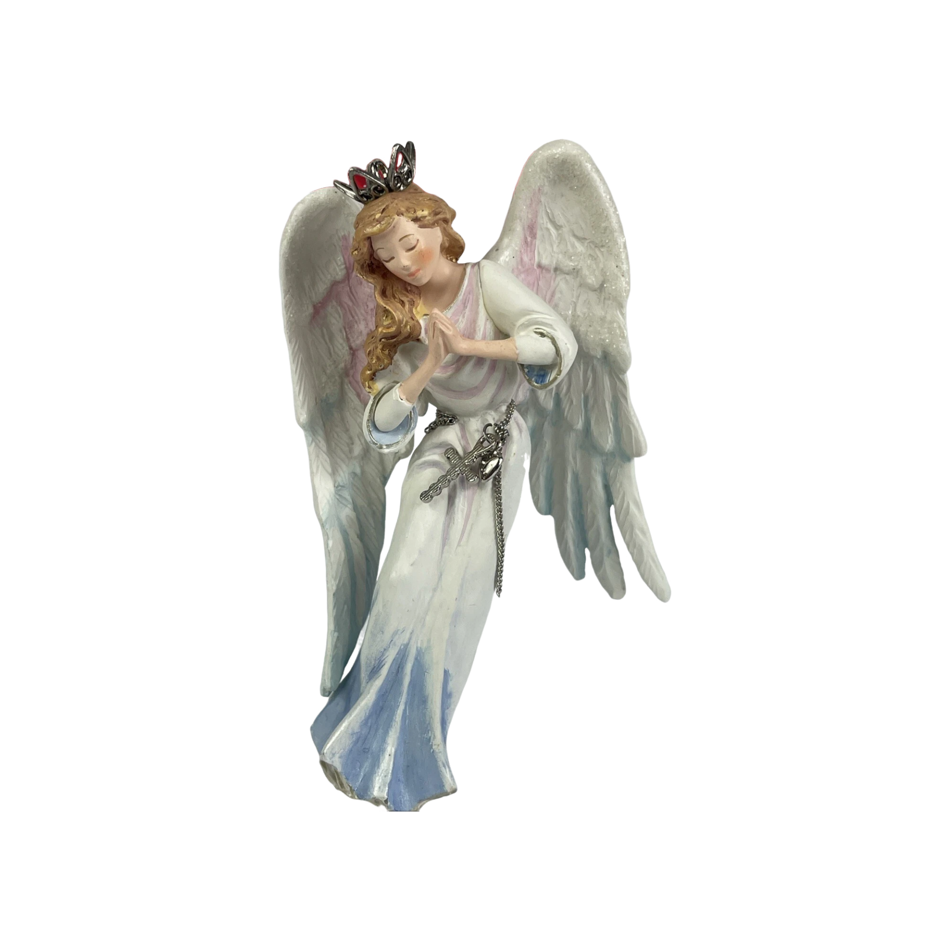 Angel figurine with wings and a tiara on a white background