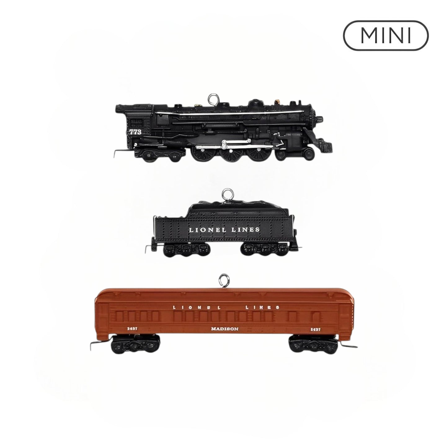 Set of toy train cars with 'Lionel Lines' branding on a white background