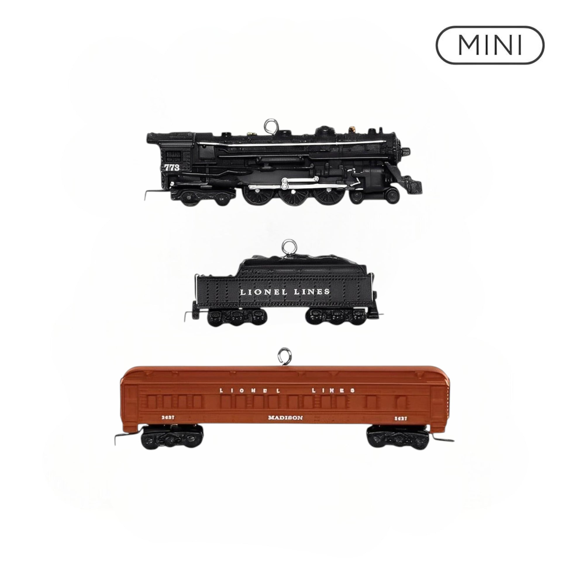 Set of toy train cars with 'Lionel Lines' branding on a white background