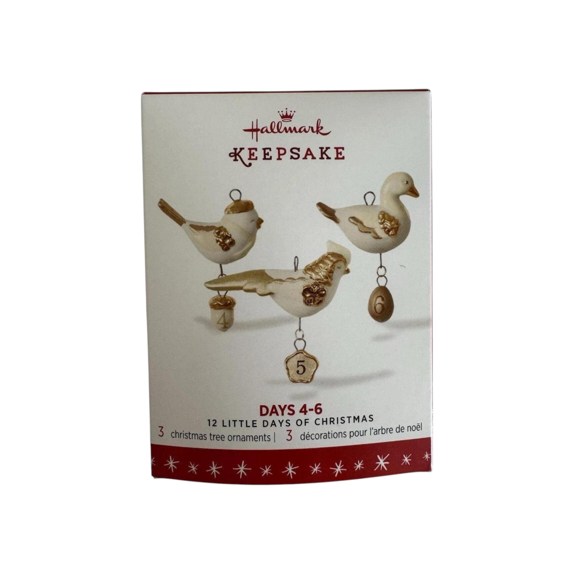 Hallmark Keepsake Christmas ornament set packaging with three bird designs on a white background.
