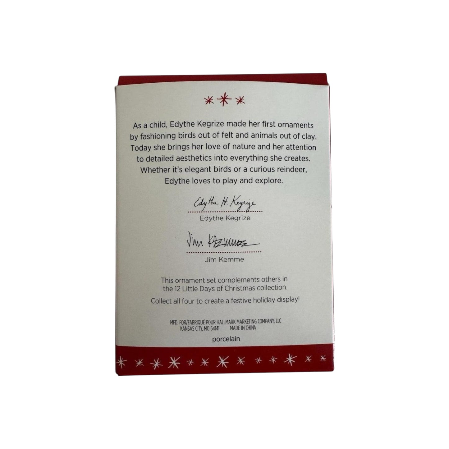 Back of a Christmas ornament packaging with text and red border