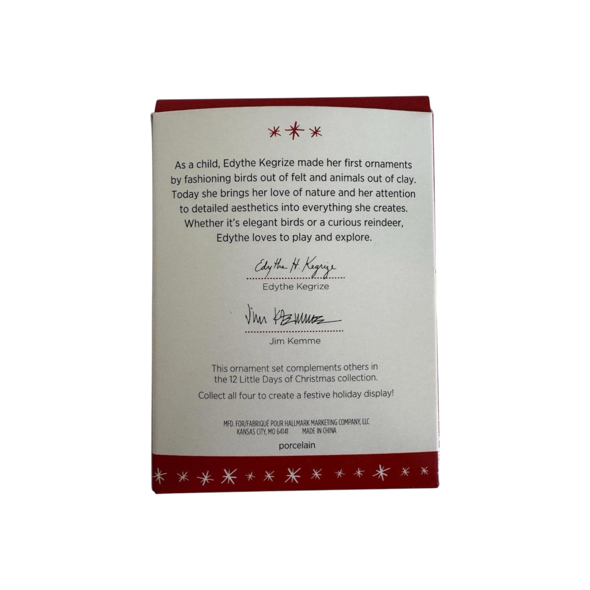 Back of a Christmas ornament packaging with text and red border