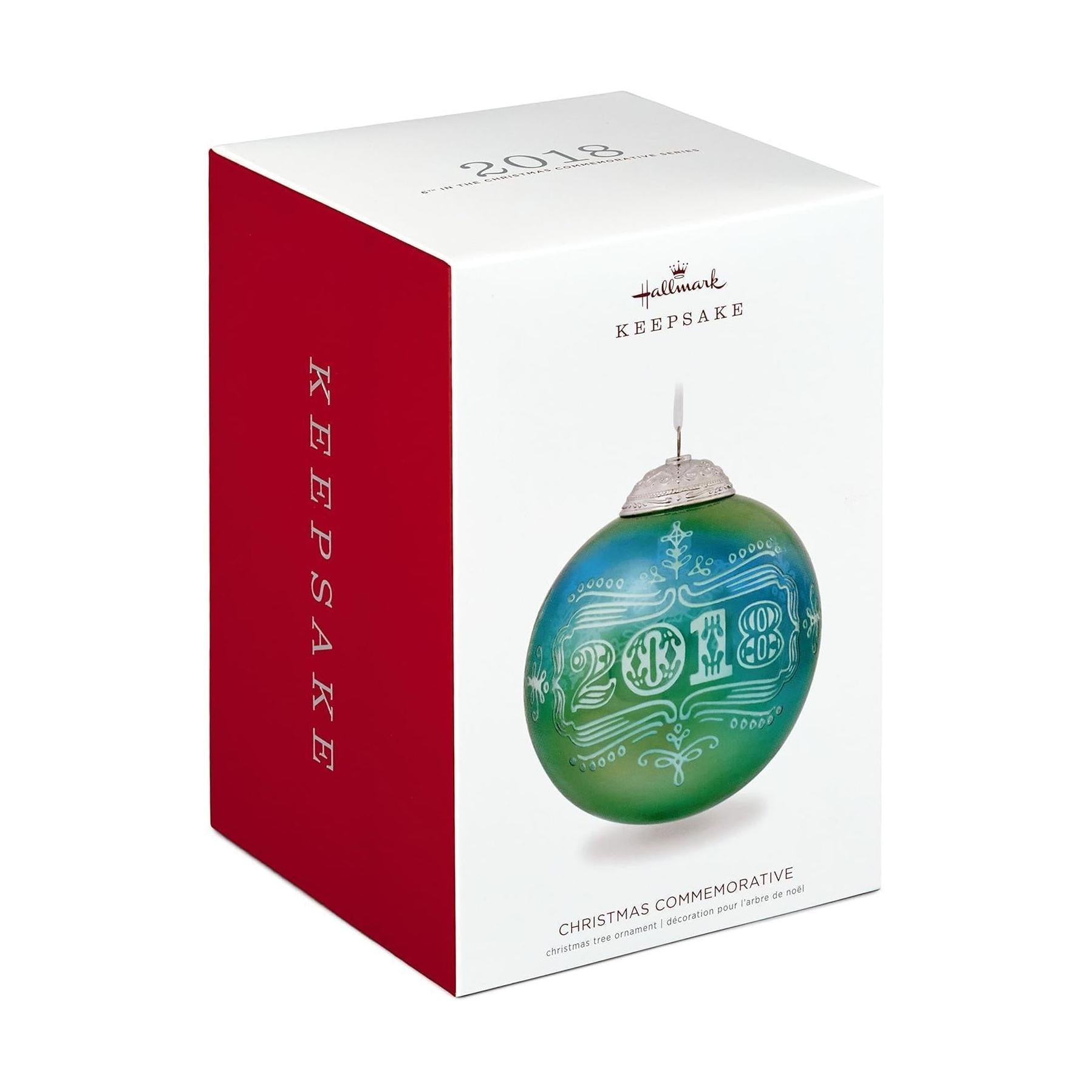 2018 Christmas Commemorative #6 - Iridescent Blue-GreenGlass Ball Hallmark Ornament (Christmas Commemorative) QX9506 Image2