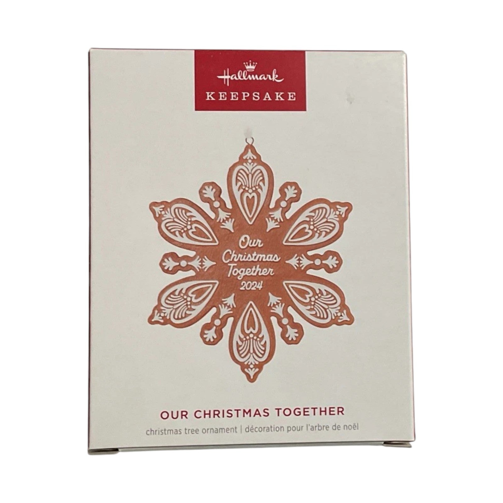 Hallmark Keepsake Christmas ornament box with decorative snowflake design on a white background