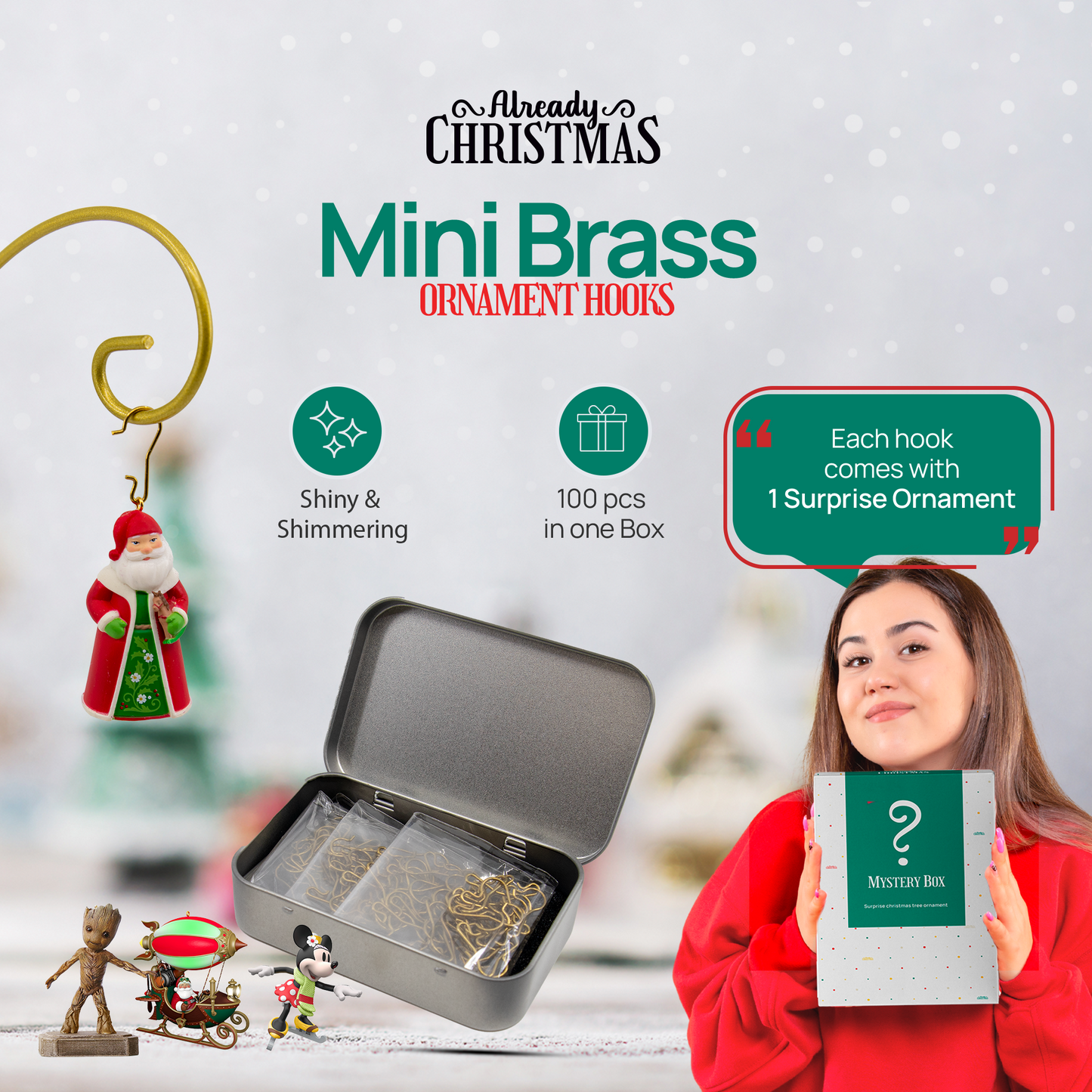 100 Gold Brass Miniature Ornament Hooks with Tin Storage Box & Bonus Ornament