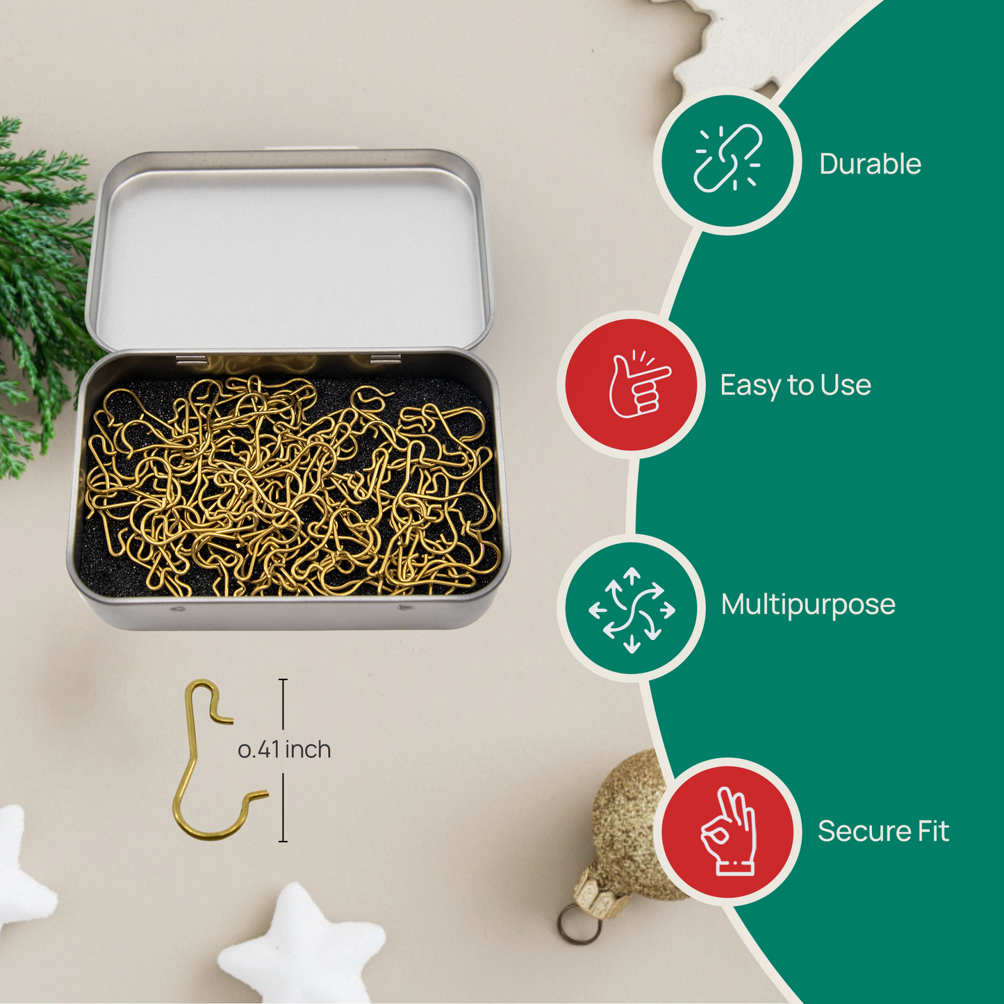 100 Gold Brass Miniature Ornament Hooks with Tin Storage Box & Bonus Ornament