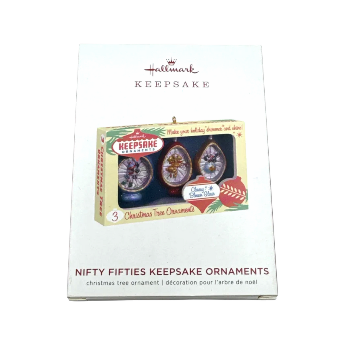 Packaged set of Hallmark Keepsake Christmas tree ornaments with a white background