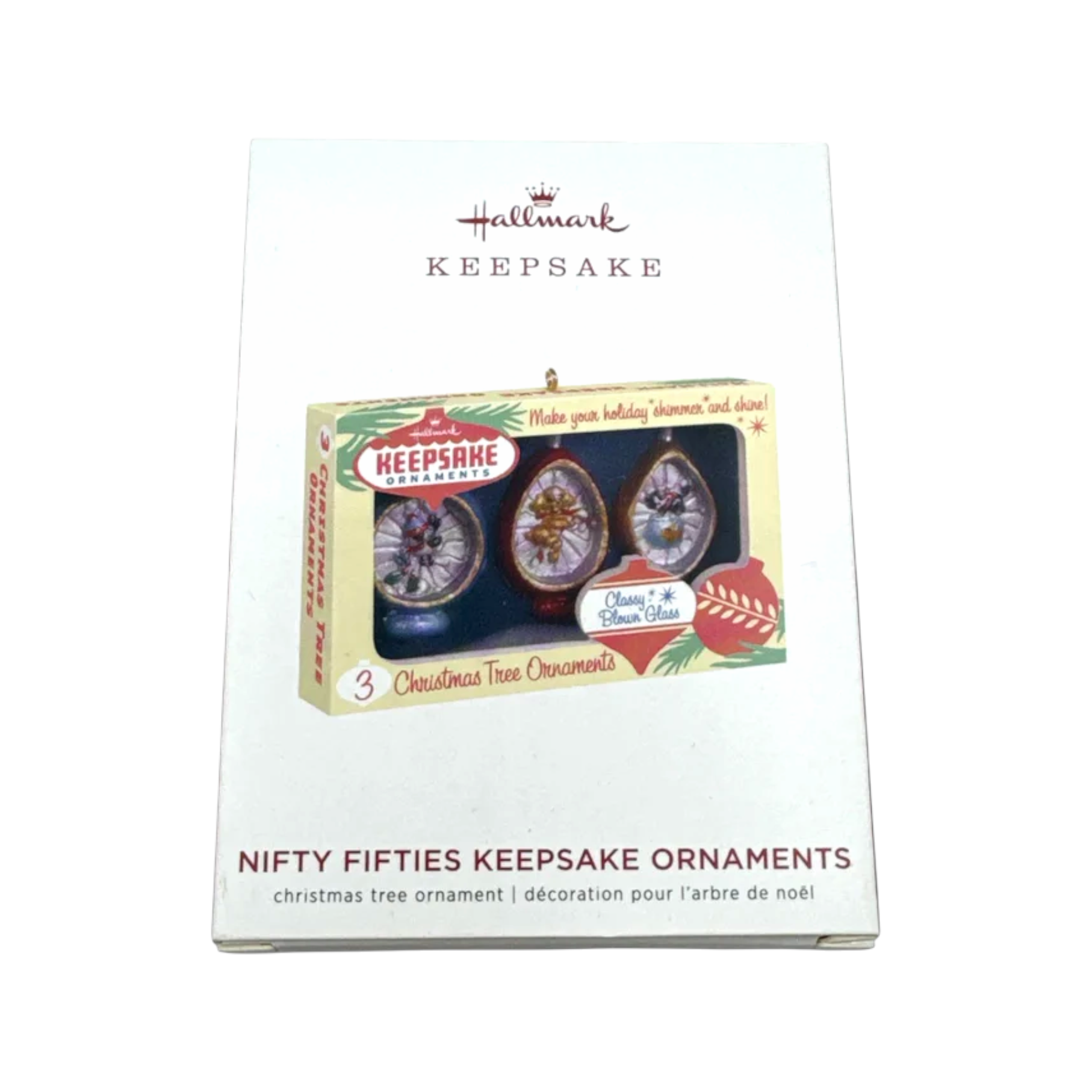 Packaged set of Hallmark Keepsake Christmas tree ornaments with a white background