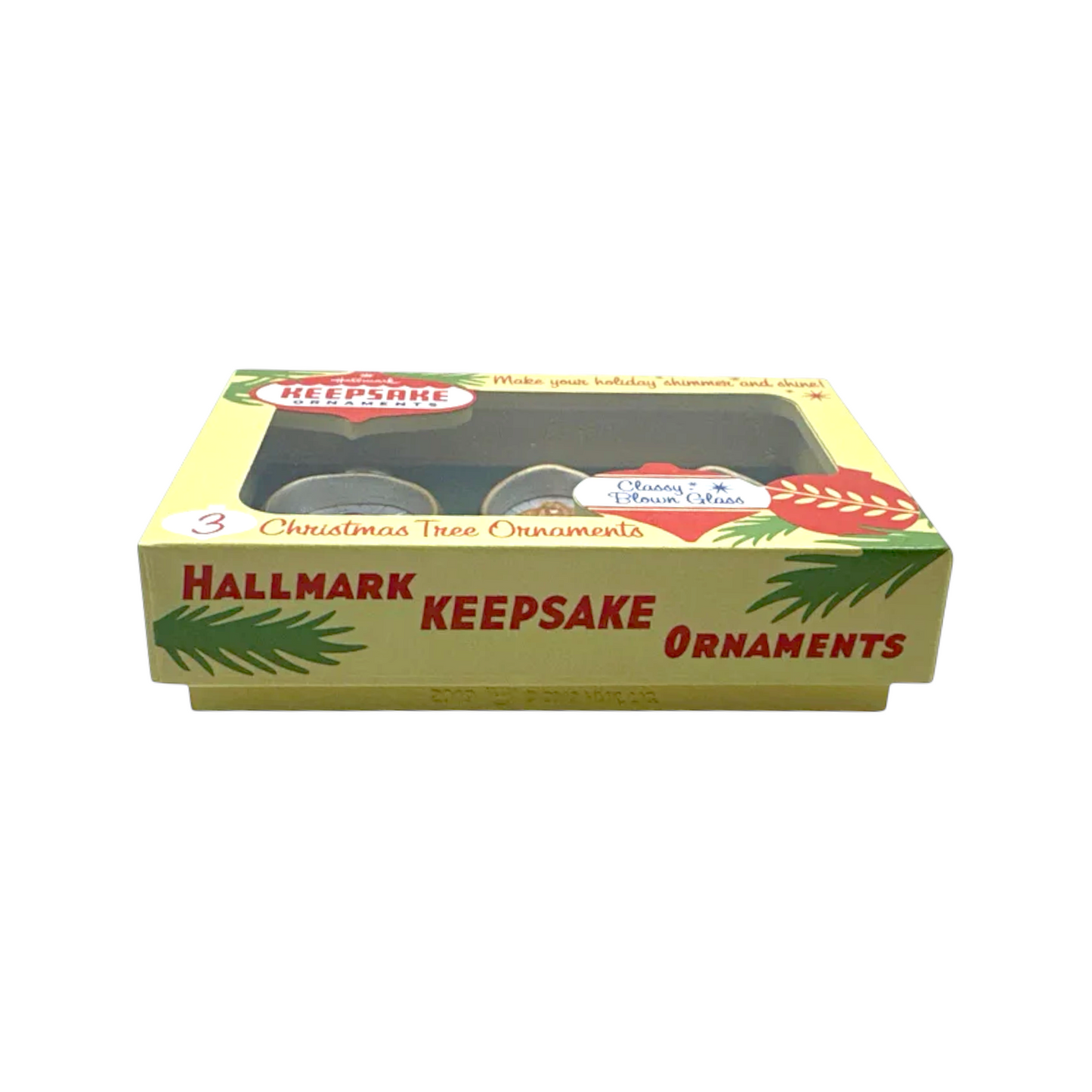 Box of Hallmark Keepsake Christmas Tree Ornaments on a white background