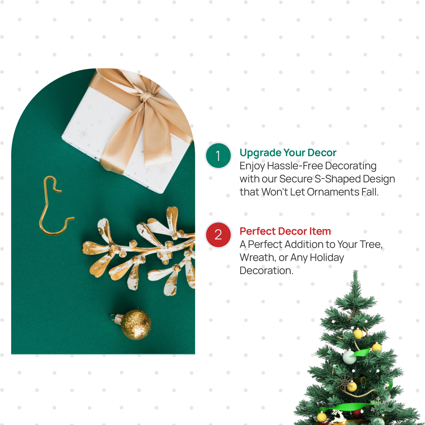 100 Gold Brass Miniature Ornament Hooks with Tin Storage Box & Bonus Ornament