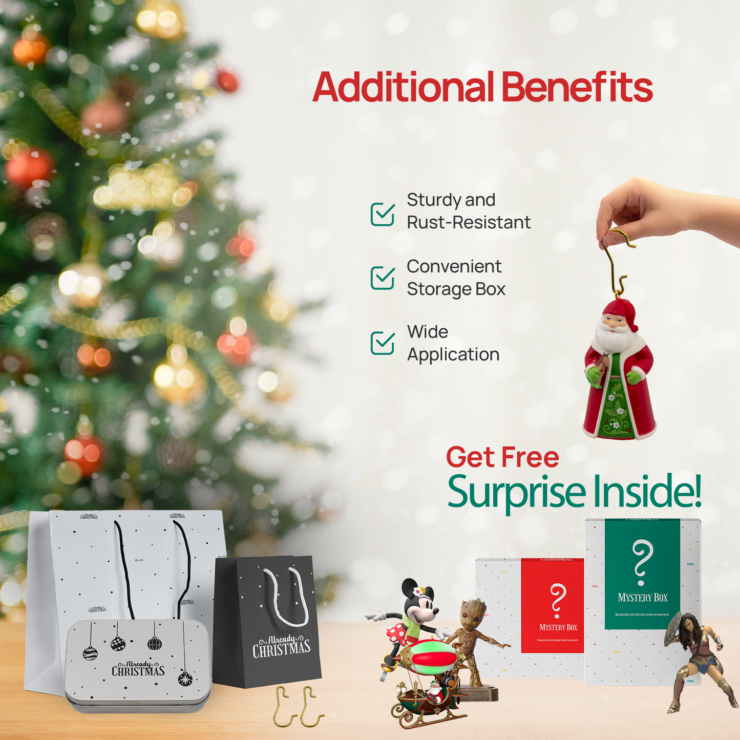 100 Gold Brass Miniature Ornament Hooks with Tin Storage Box & Bonus Ornament