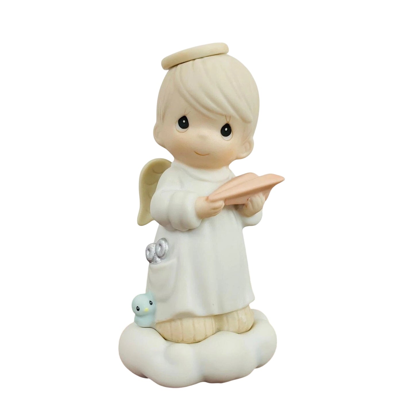 Adorable Child Figurine with Halo Holding Paper Plane - Sparking Joy and Imagination