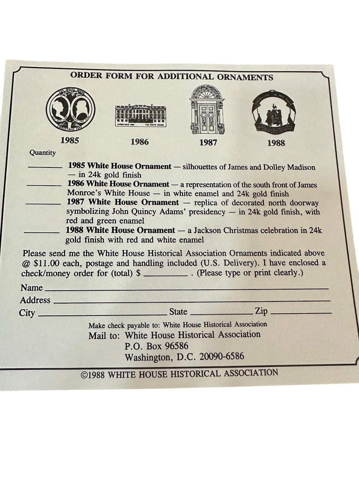 1985 White House Historical Association Ornament