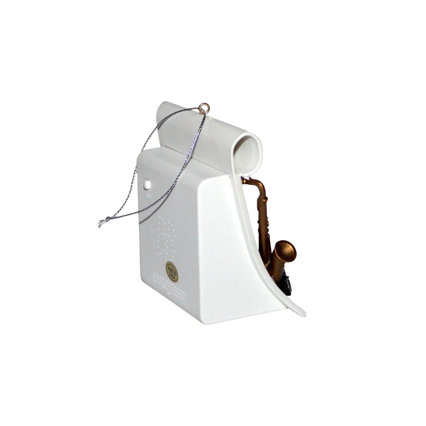 White birdhouse with a brown bird inside on a white background