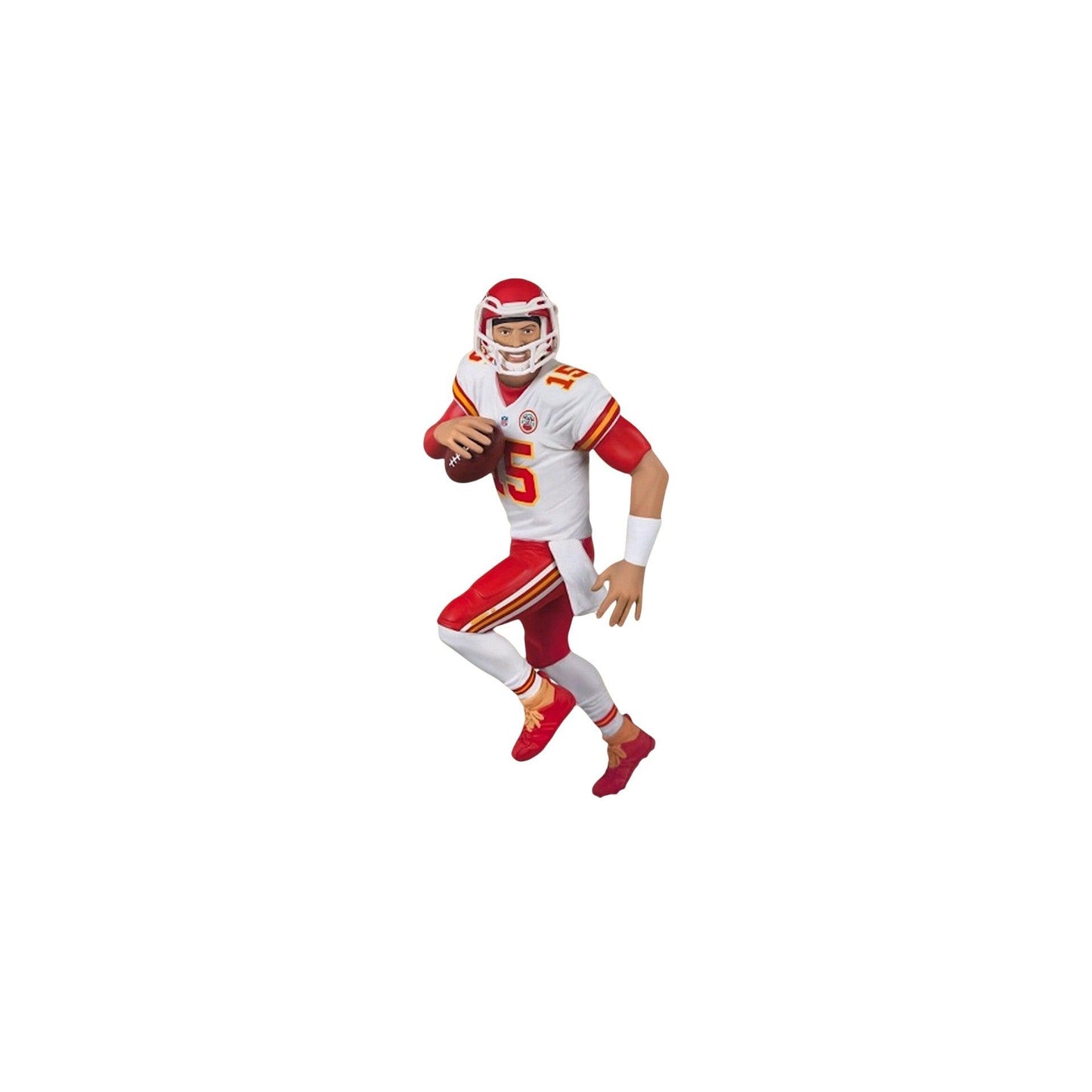 Football player action figure in red and white uniform with helmet and football on a white background