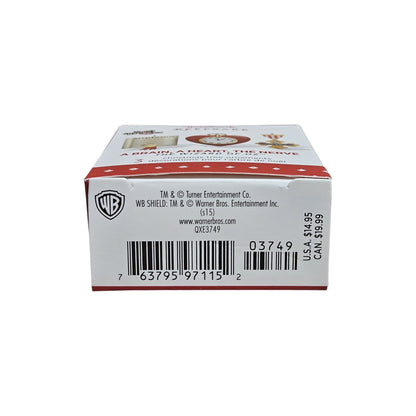 Product packaging with a red and white design featuring a character, and a visible Warner Bros. logo.