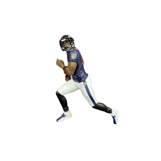 Football player action figure in purple and white uniform on a white background