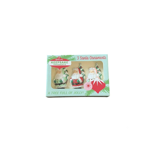 Box of 3 Santa Claus ornaments with a decorative design on a white background