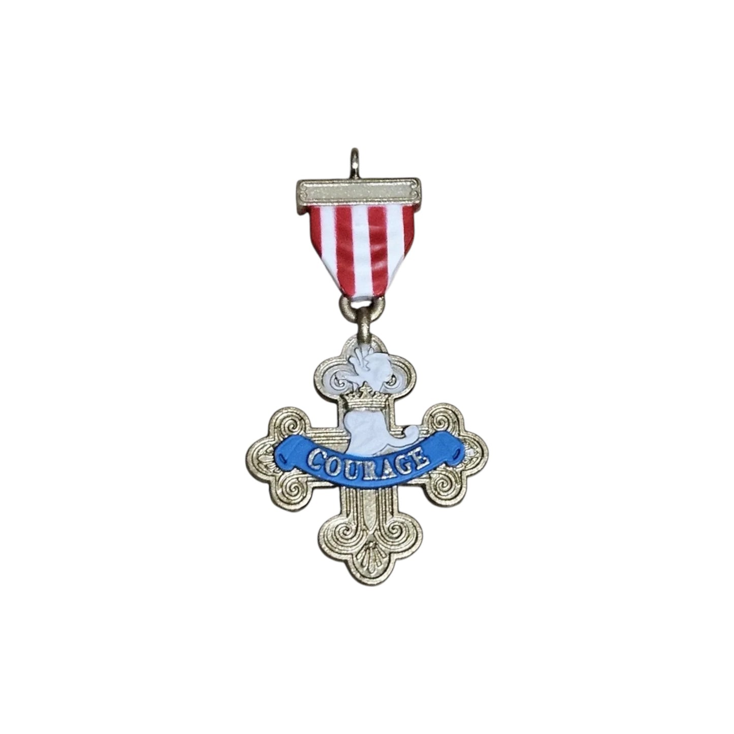 Medal with ribbon and 'Courage' inscription on a white background
