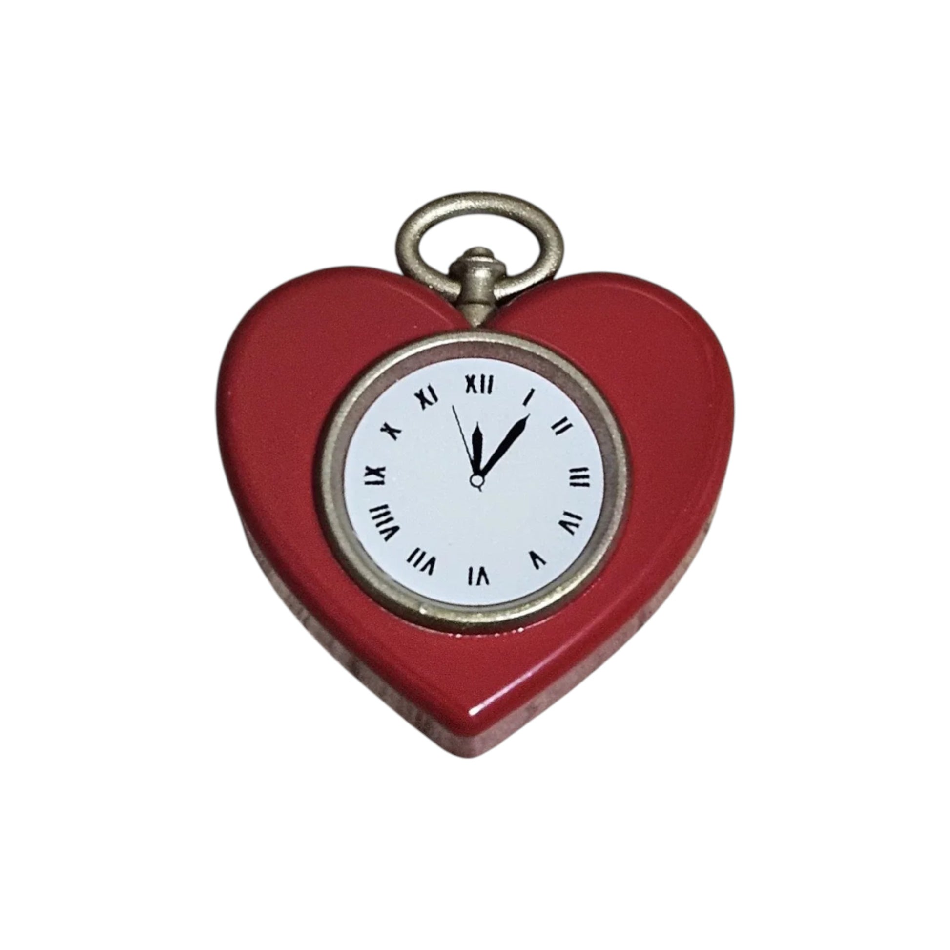 Red heart-shaped pocket watch with white face and black Roman numerals on a white background