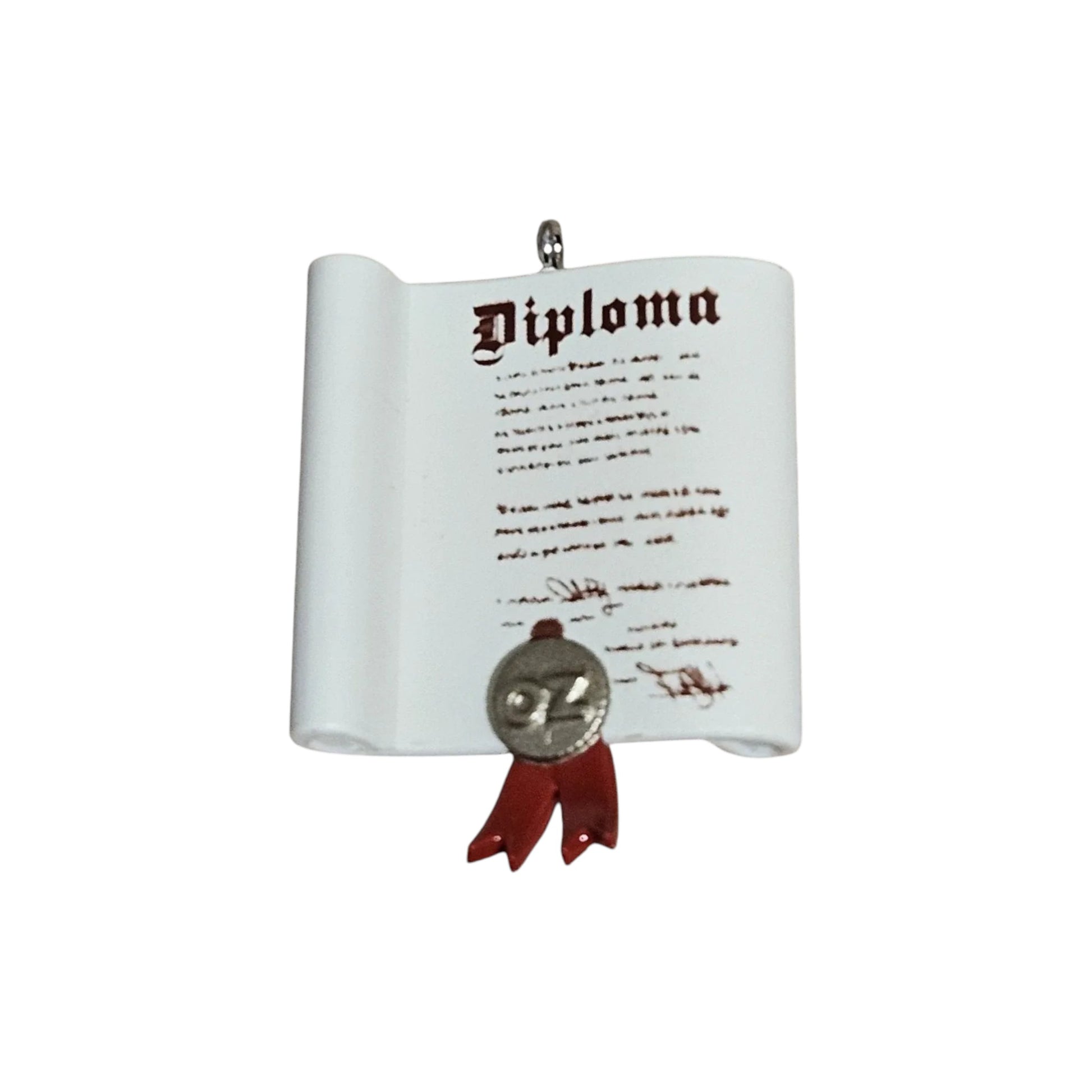 Decorative ornament resembling a diploma with a red ribbon on a white background