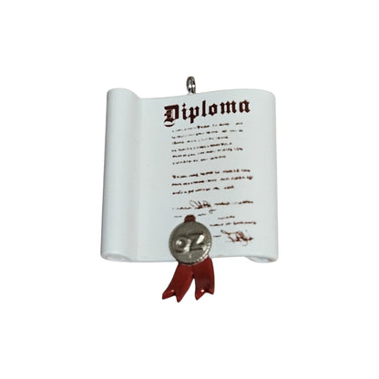 Decorative ornament resembling a diploma with a red ribbon on a white background