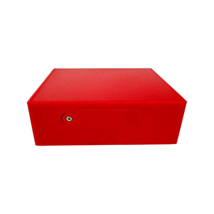 Red box with a silver lock on a white background