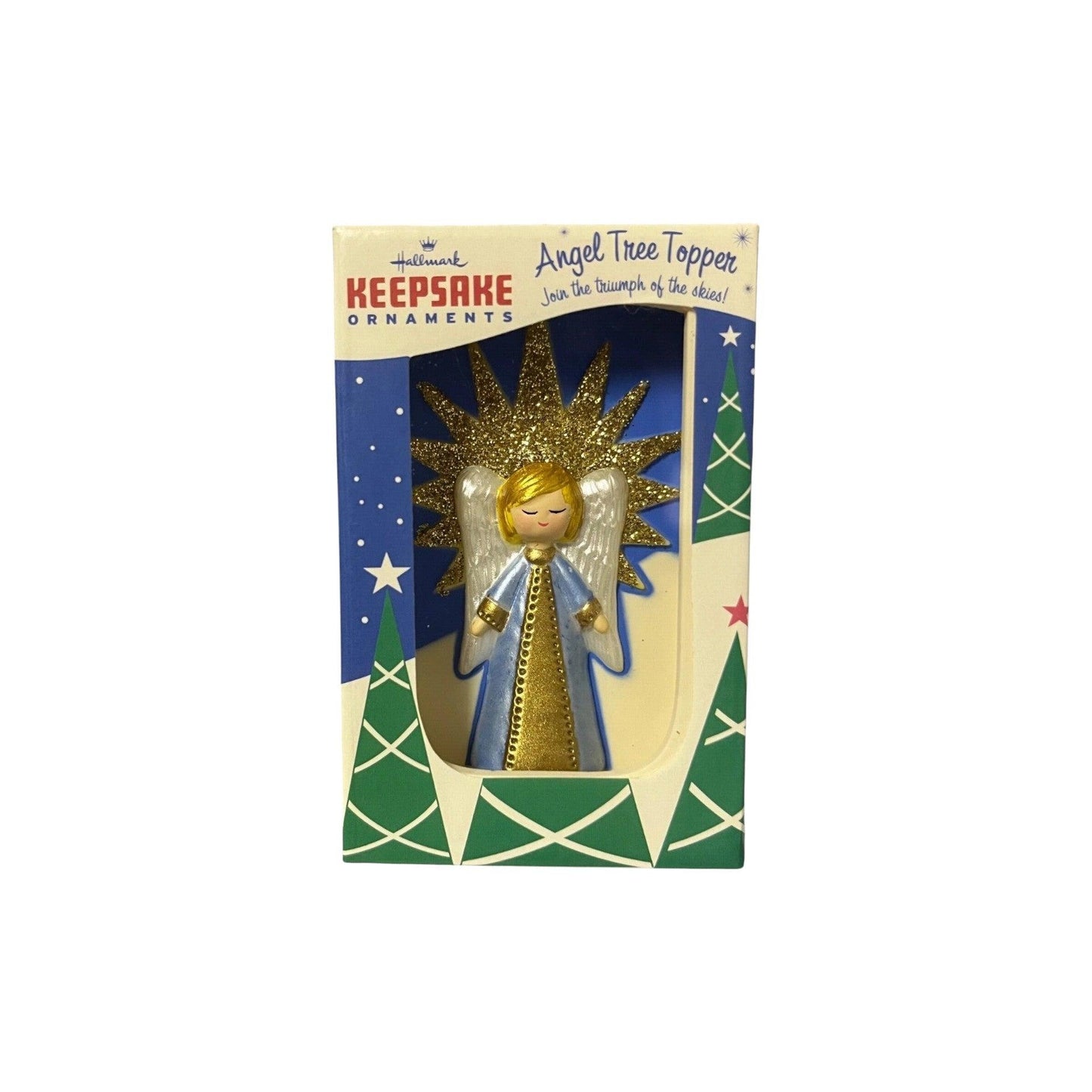 Angel tree topper in packaging with 'Keepsake Ornaments' text on a white background