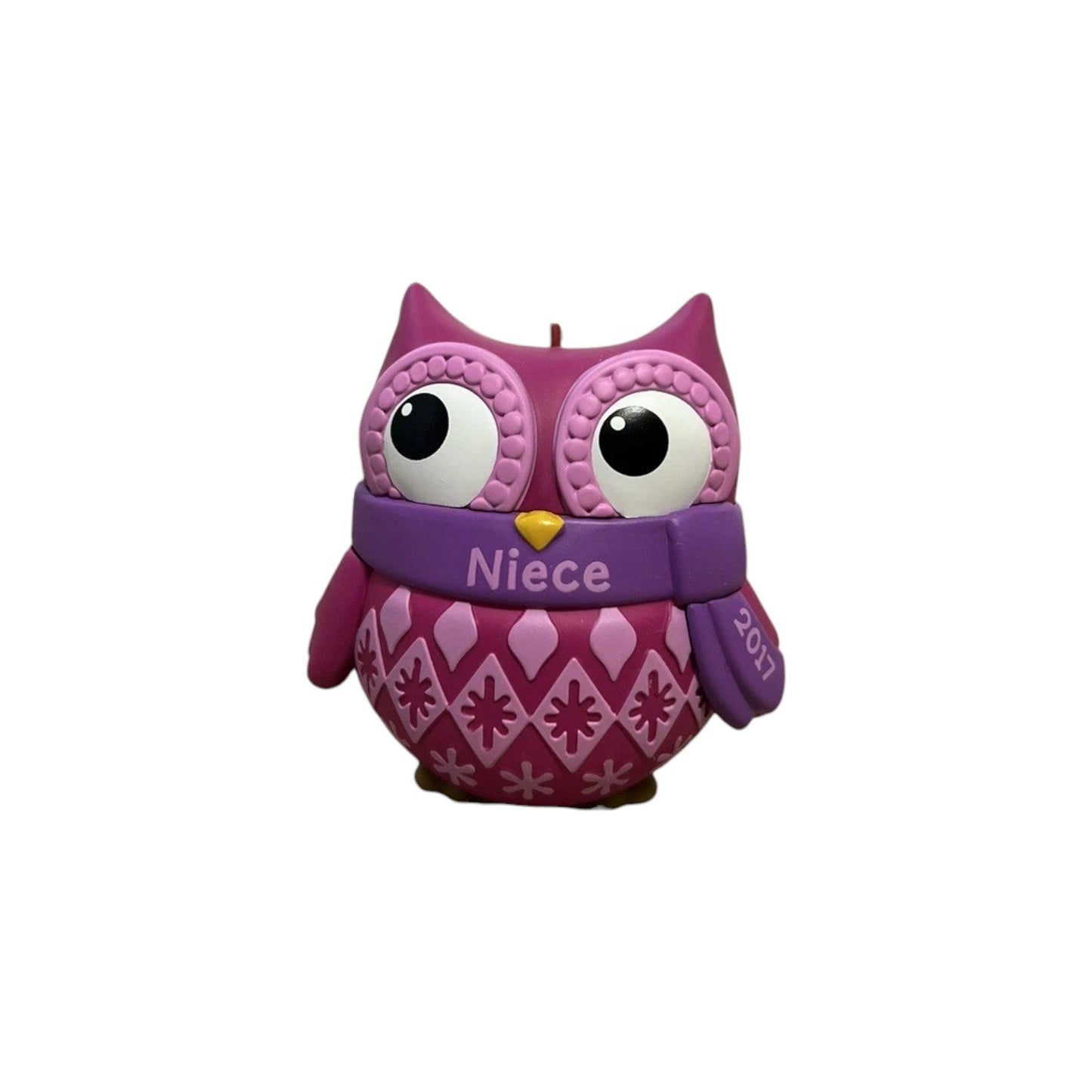 Pink owl-shaped candle with 'Niece' and '2017' text on a white background