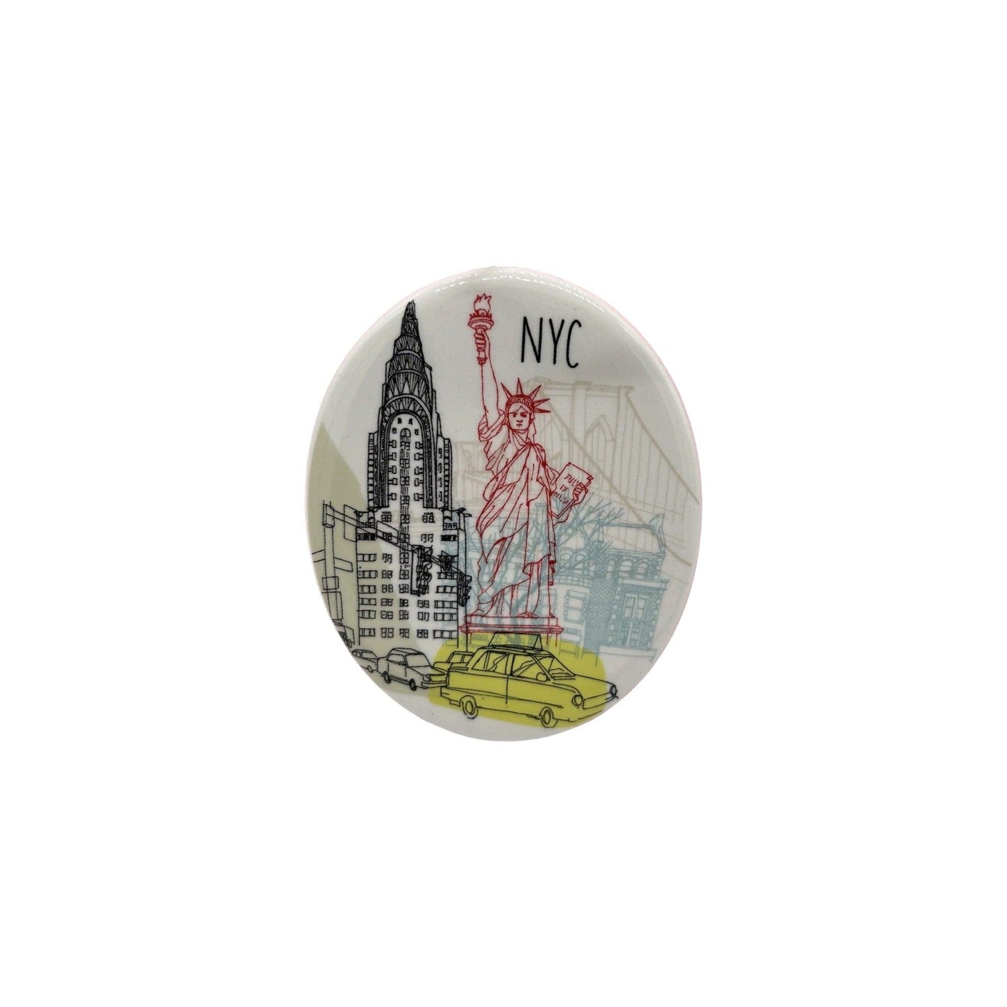 Button badge with illustrations of the Statue of Liberty, Chrysler Building, and yellow taxi on a white background.