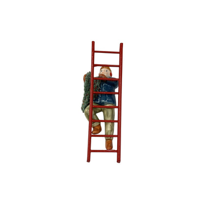 1988 Man on Ladder Hanging Garland (Original Snow Village)