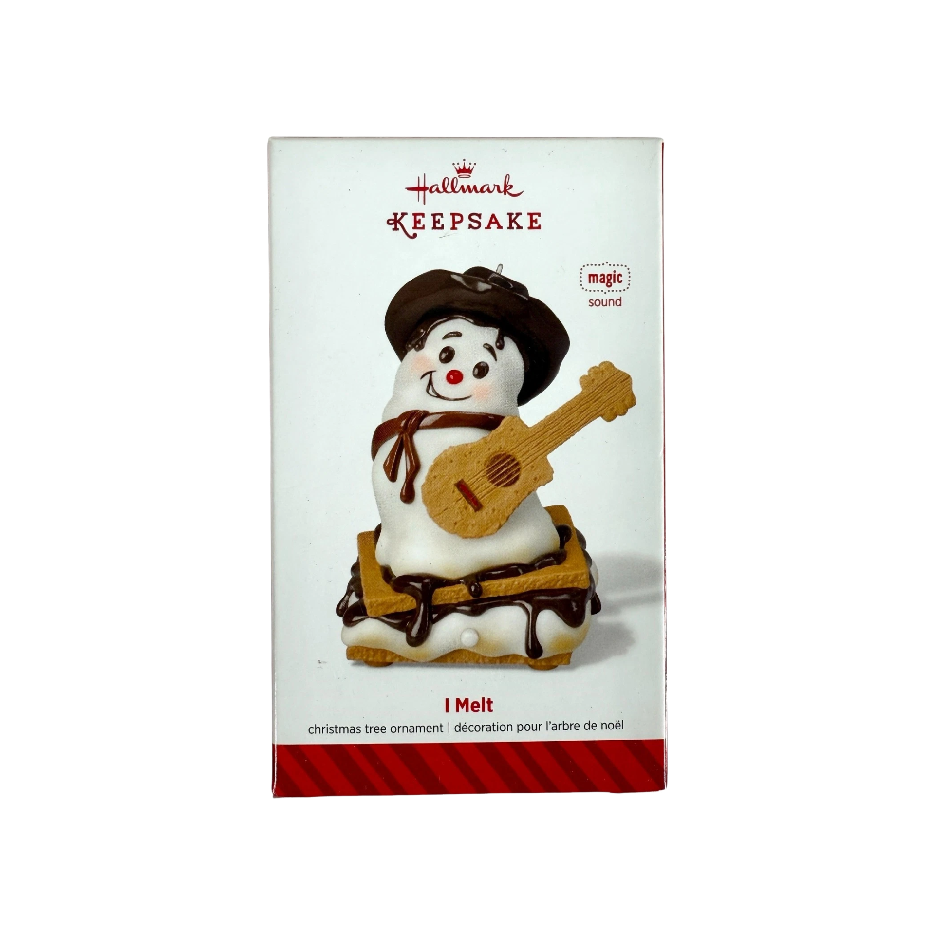 Hallmark Keepsake ornament packaging with snowman playing guitar on a white background