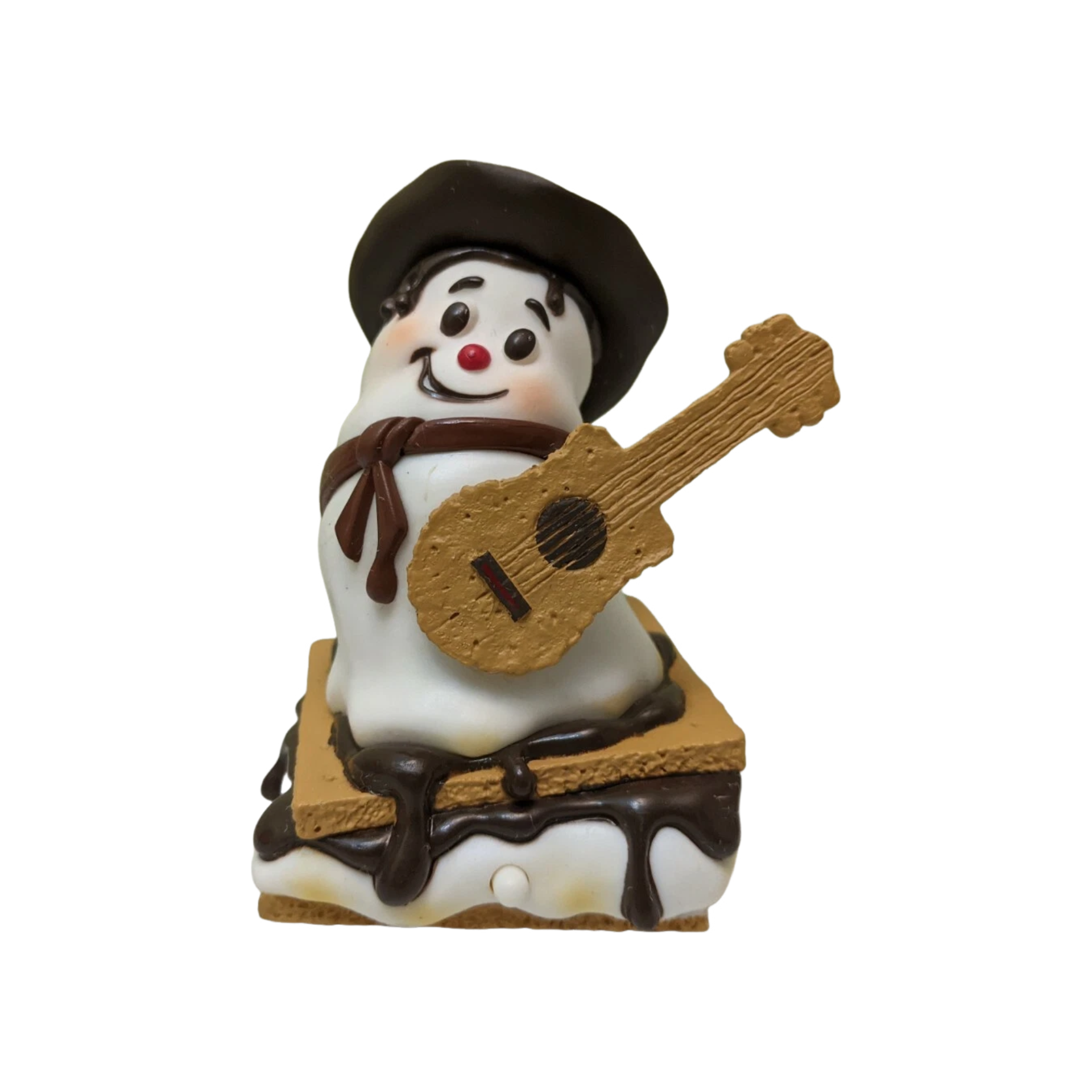 Snowman figurine with a guitar on a white background