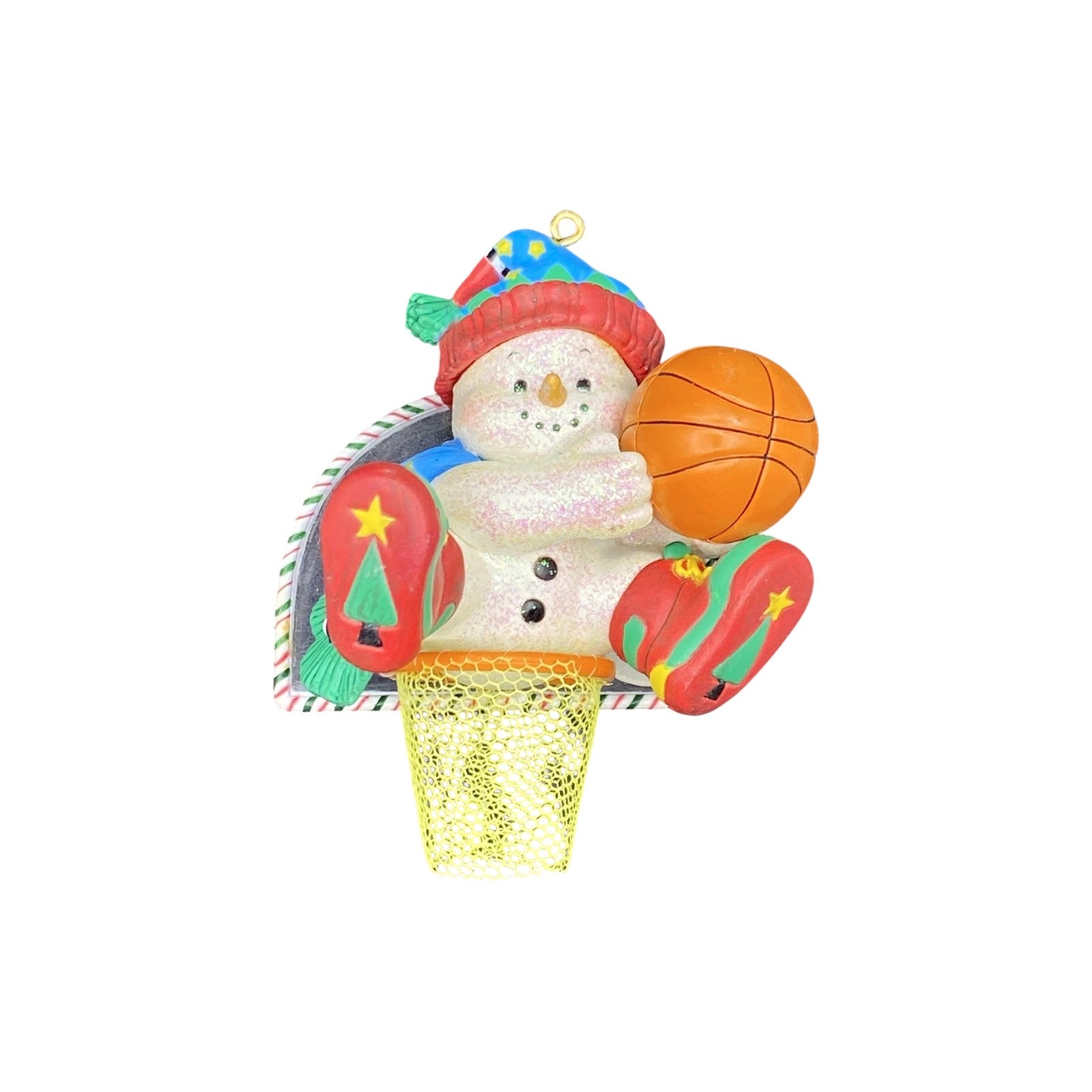 Colorful snowman ornament with a basketball on a white background