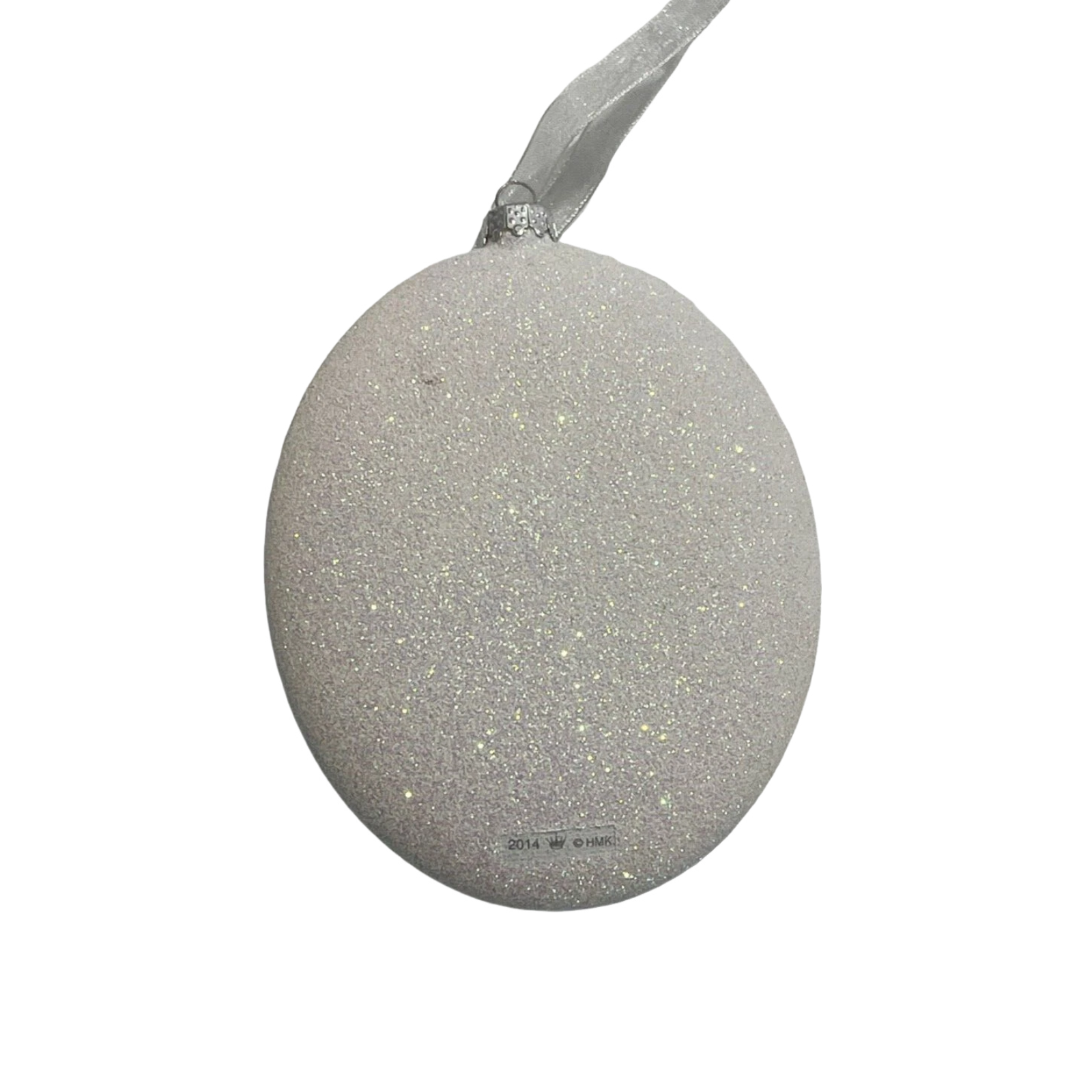 Silver glittery Christmas ball ornament with a ribbon on a white background