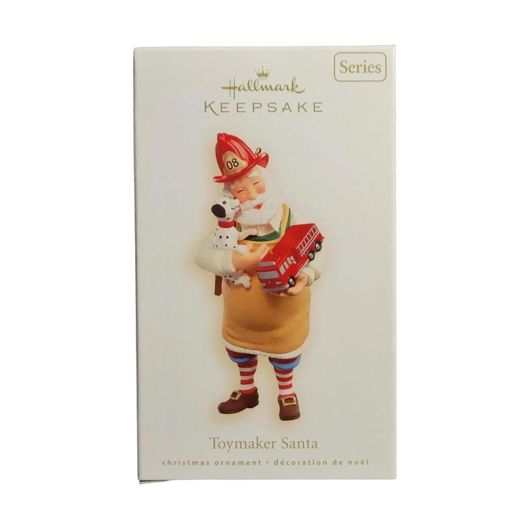 Hallmark Keepsake ornament packaging featuring a Santa figure with a dog and toy truck.